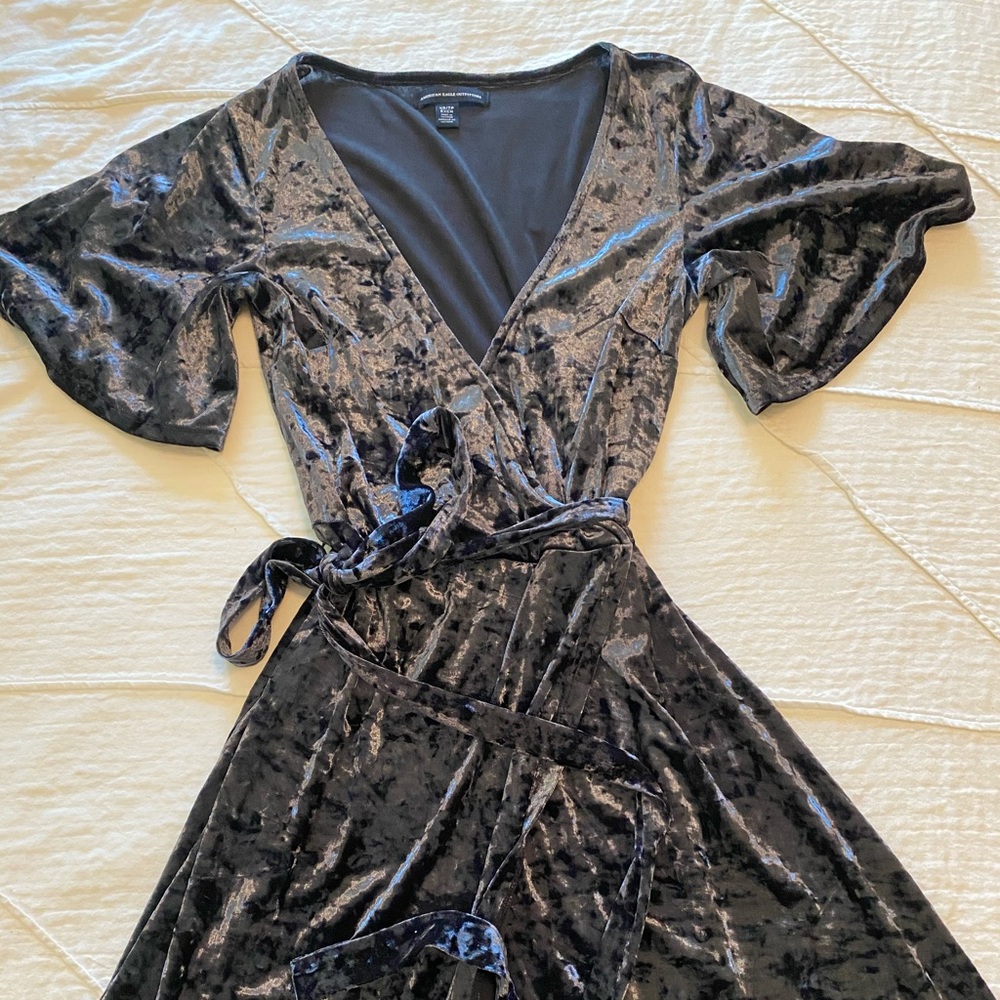 American Eagle Navy Velvet Wrap Dress